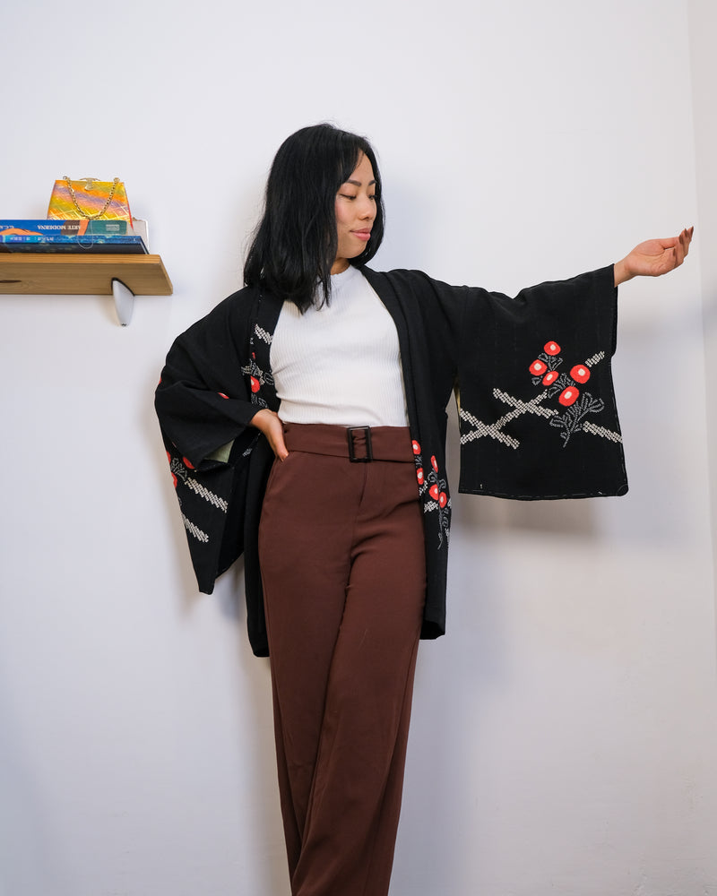 Haori Jacket Black with Shibori Flowers
