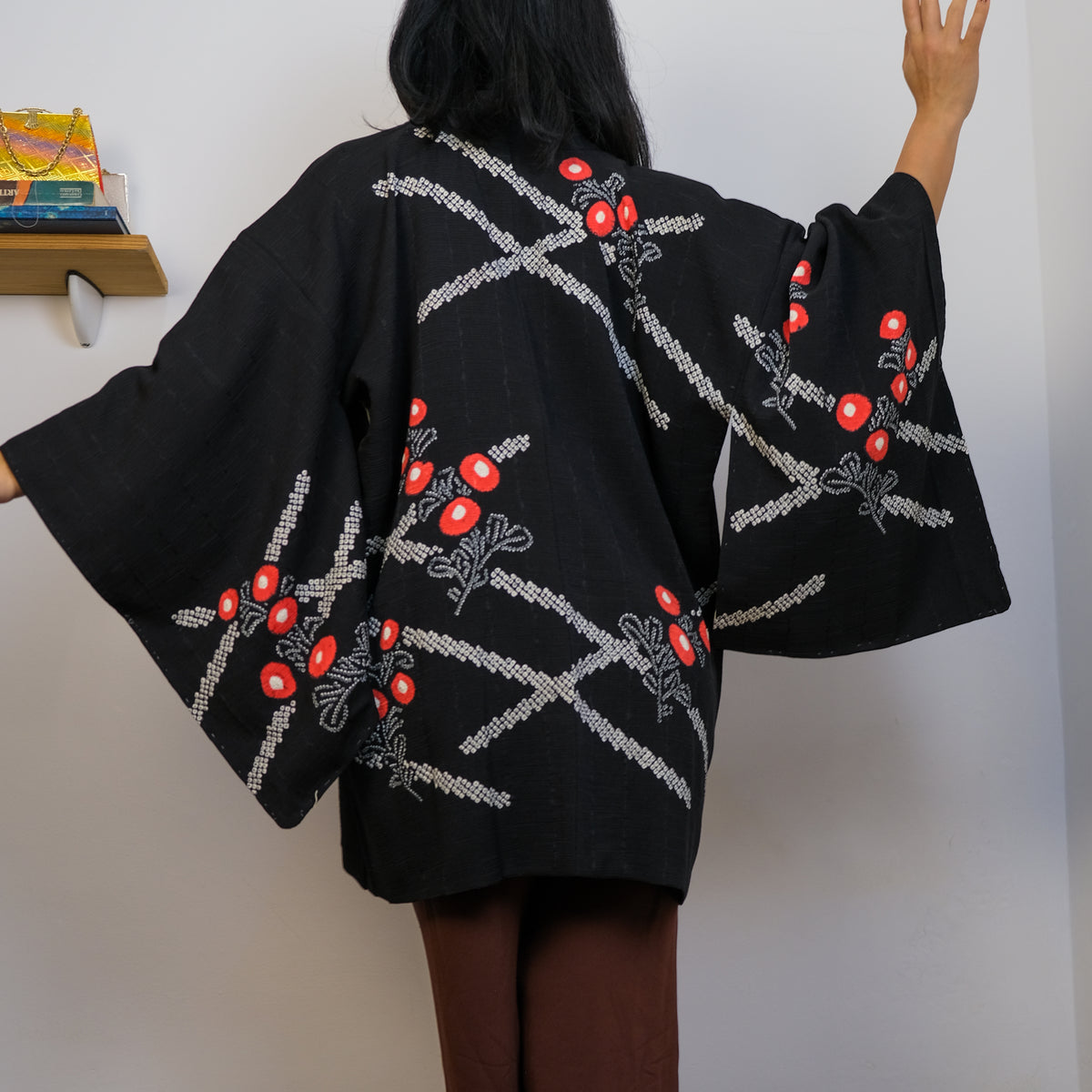 Haori Jacket Black with Shibori Flowers