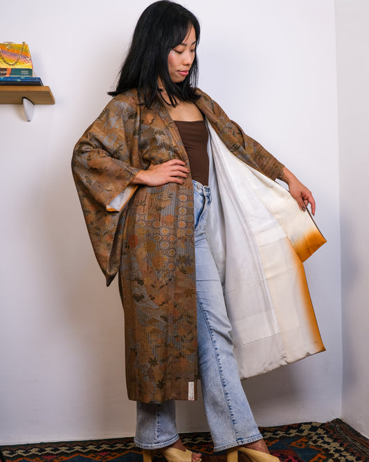 Kimono Autumn Colors with Japanese Patterns in Silk