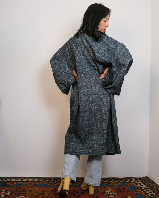 Kimono Dark Blue Woven with Pattern Single Layer
