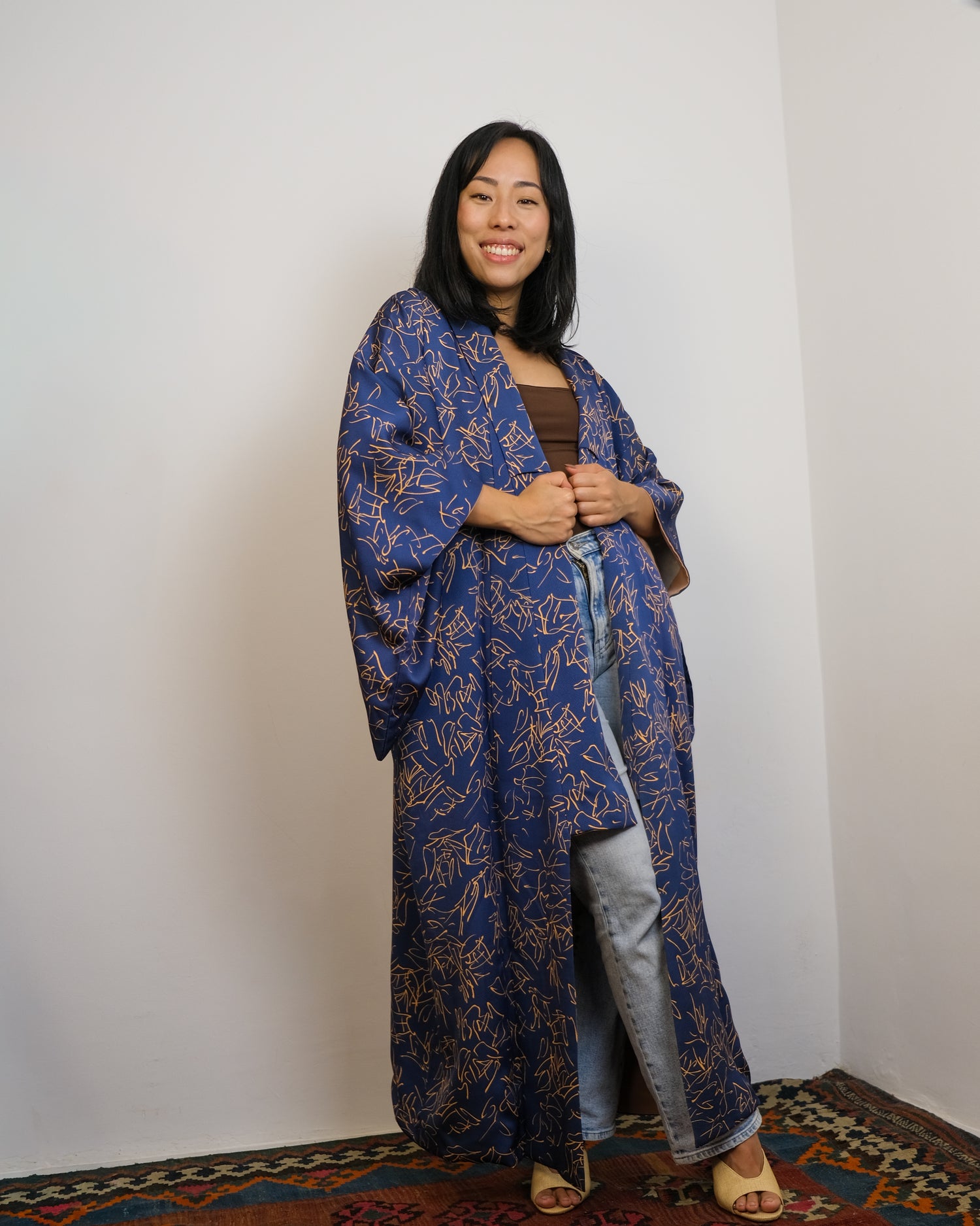 Kimono Dark Blue Calligraphy in Silk