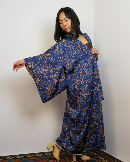 Kimono Dark Blue Calligraphy in Silk