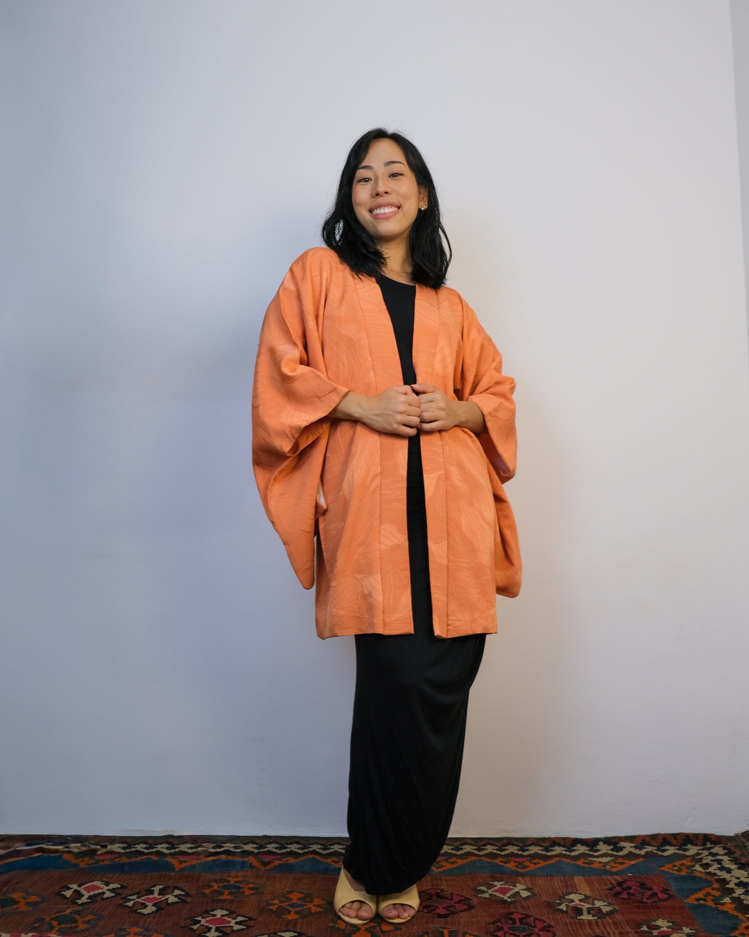 Haori Salmon with Textures and Kamon in Silk
