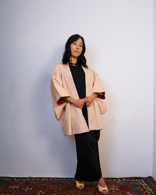 Short Kimono Turtle Shell in Pale Pink Tsumugi Silk