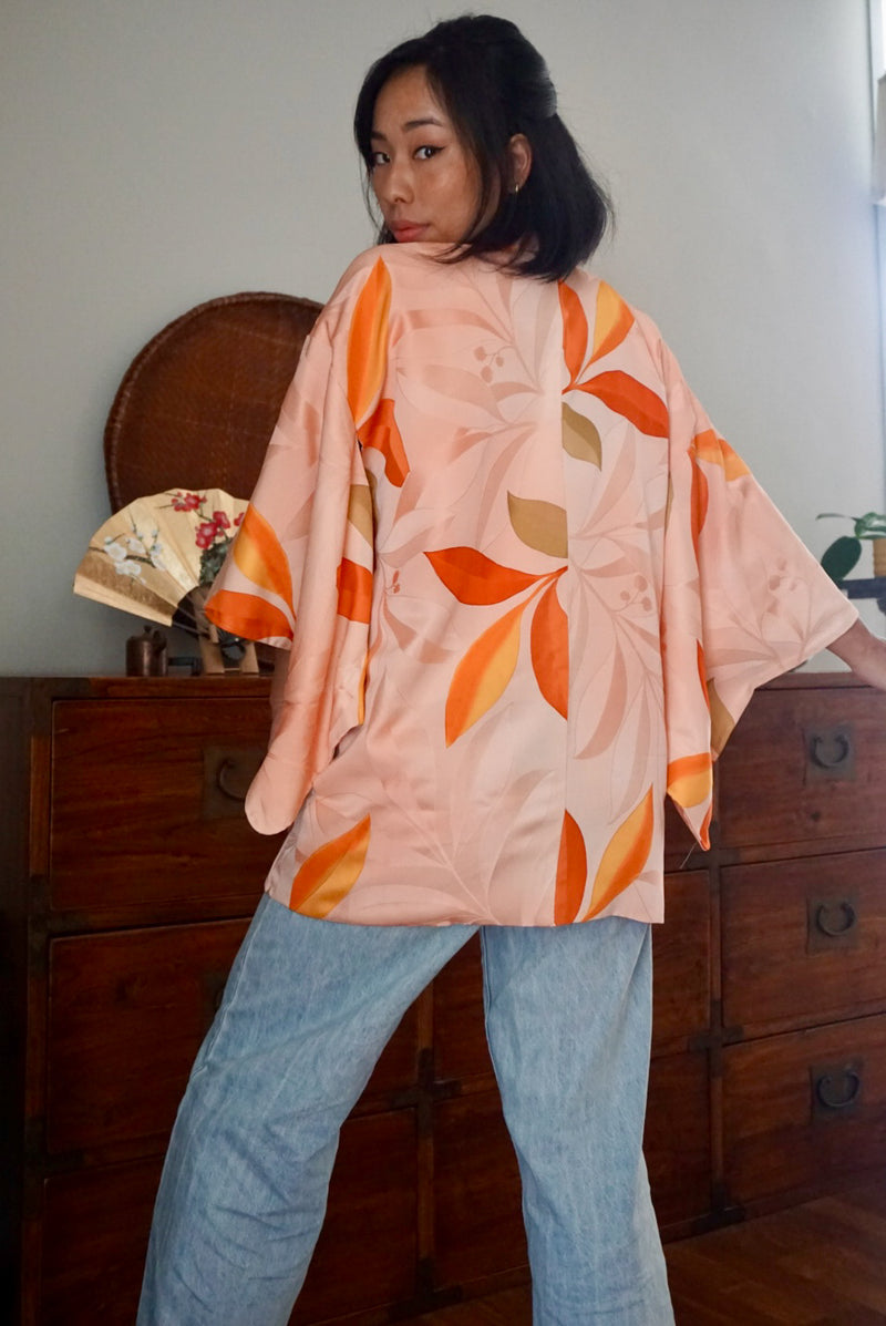 Haori Light Pink with Orange Watercolor Leaves in Silk