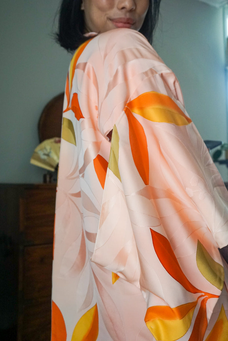 Haori Light Pink with Orange Watercolor Leaves in Silk