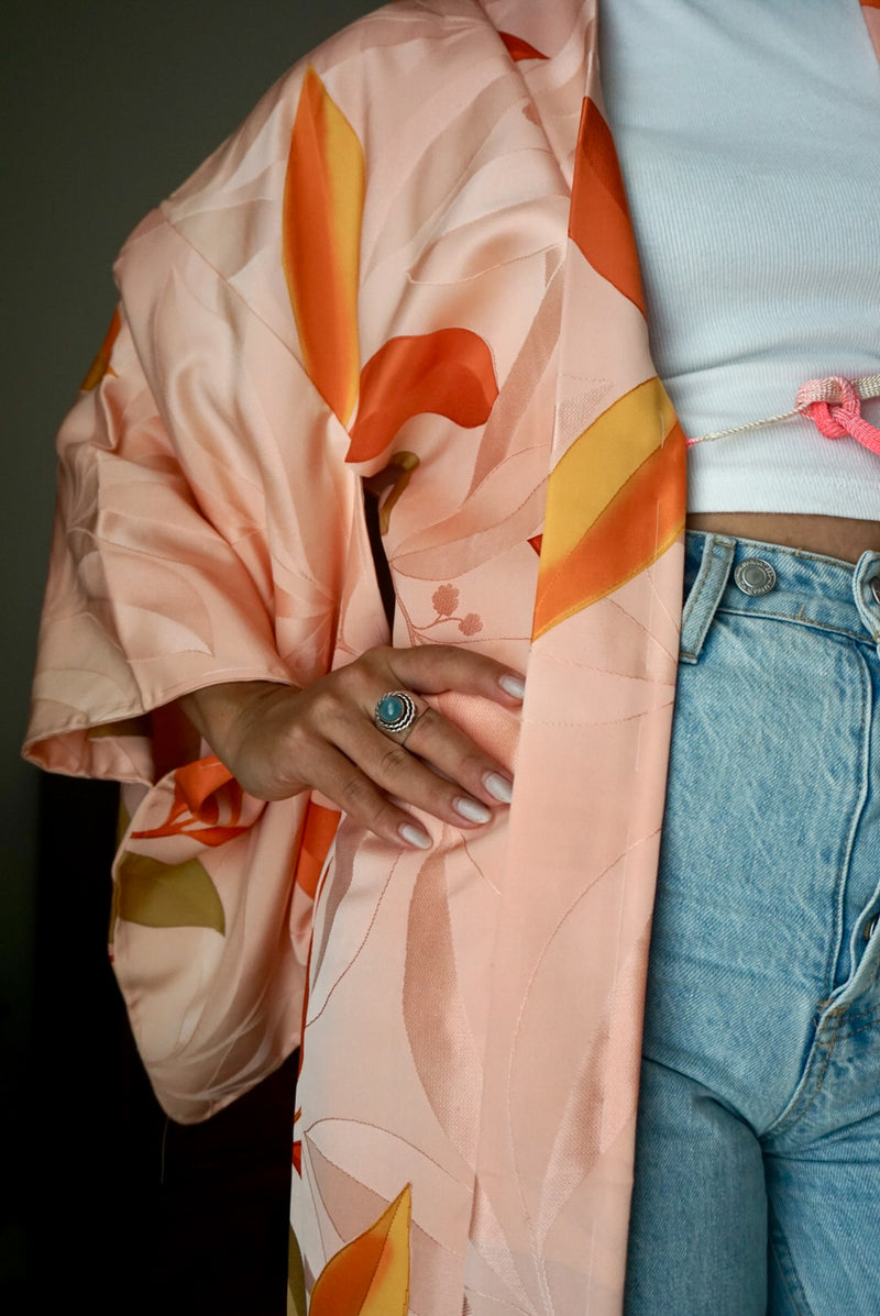 Haori Light Pink with Orange Watercolor Leaves in Silk