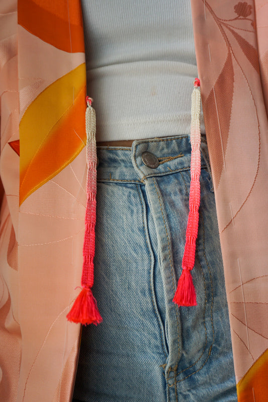 Haori Light Pink with Orange Watercolor Leaves in Silk