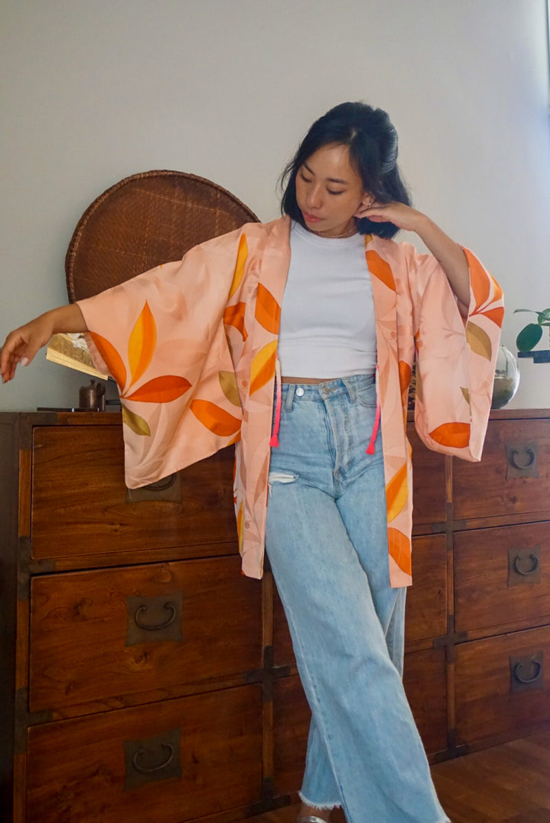 Haori Light Pink with Orange Watercolor Leaves in Silk