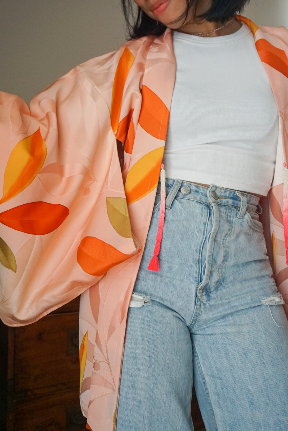Haori Light Pink with Orange Watercolor Leaves in Silk