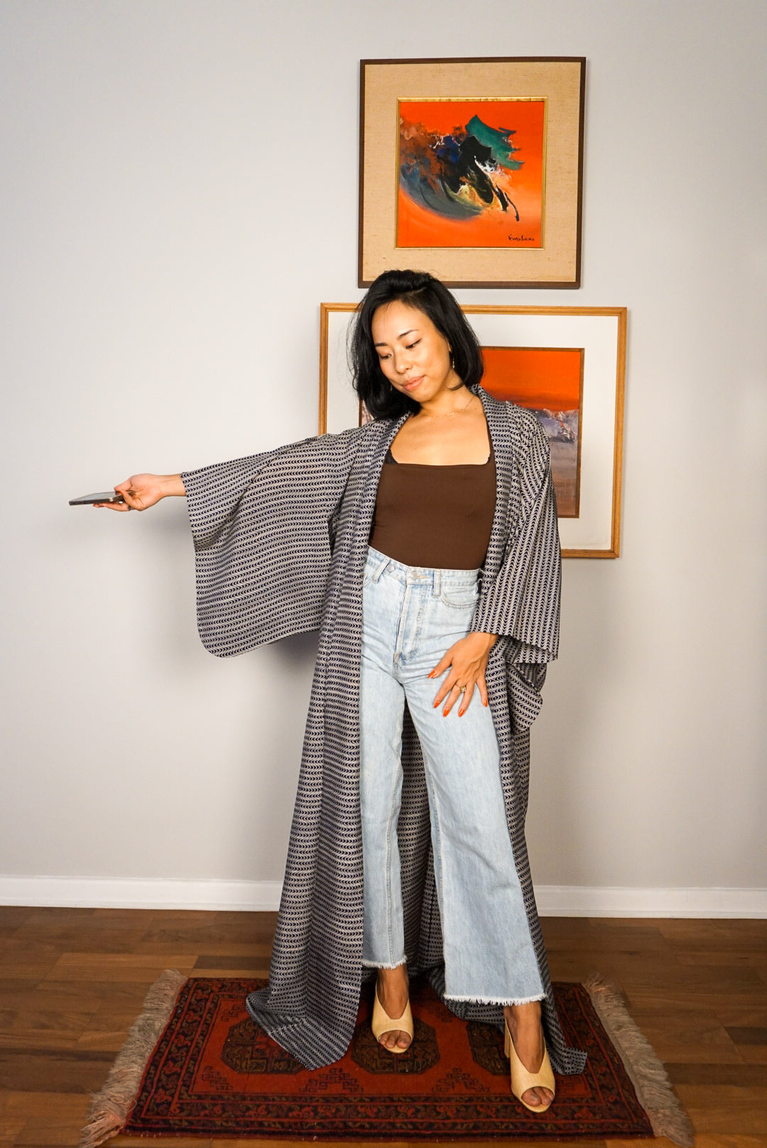 Kimono Sheer Dark Blue Waves in Silk