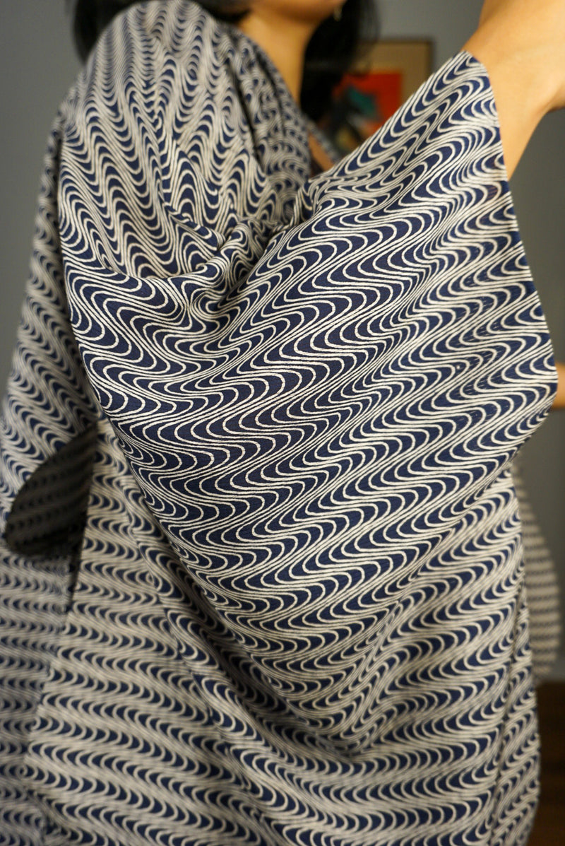 Kimono Sheer Dark Blue Waves in Silk