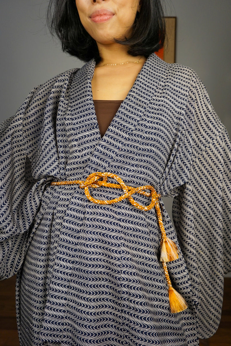 Kimono Sheer Dark Blue Waves in Silk