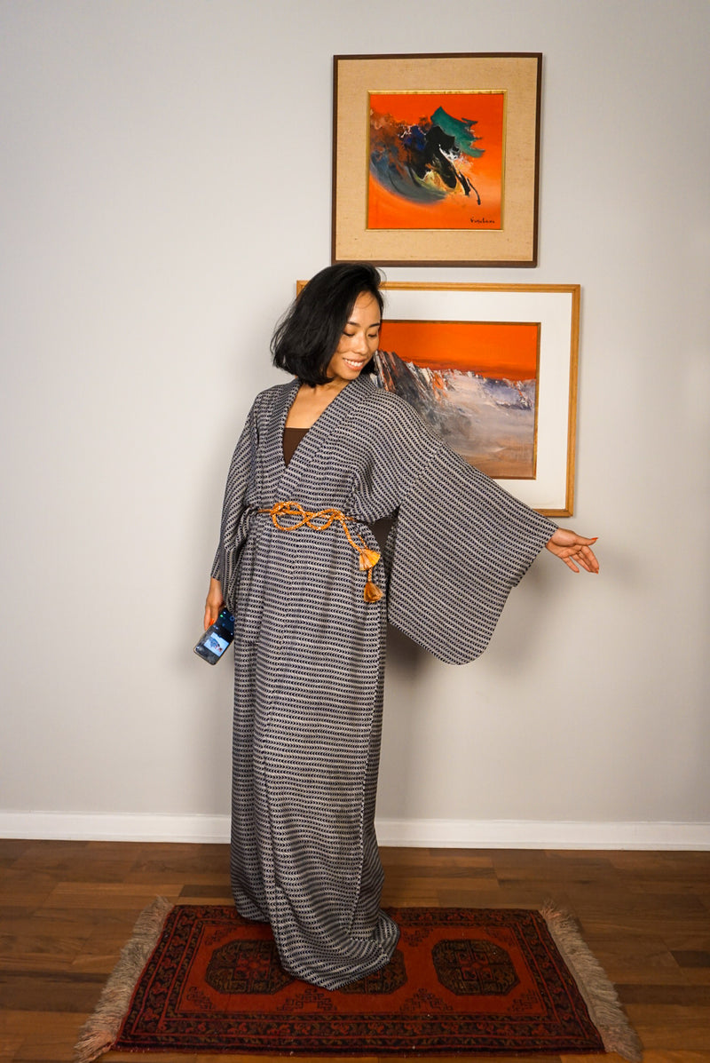 Kimono Sheer Dark Blue Waves in Silk