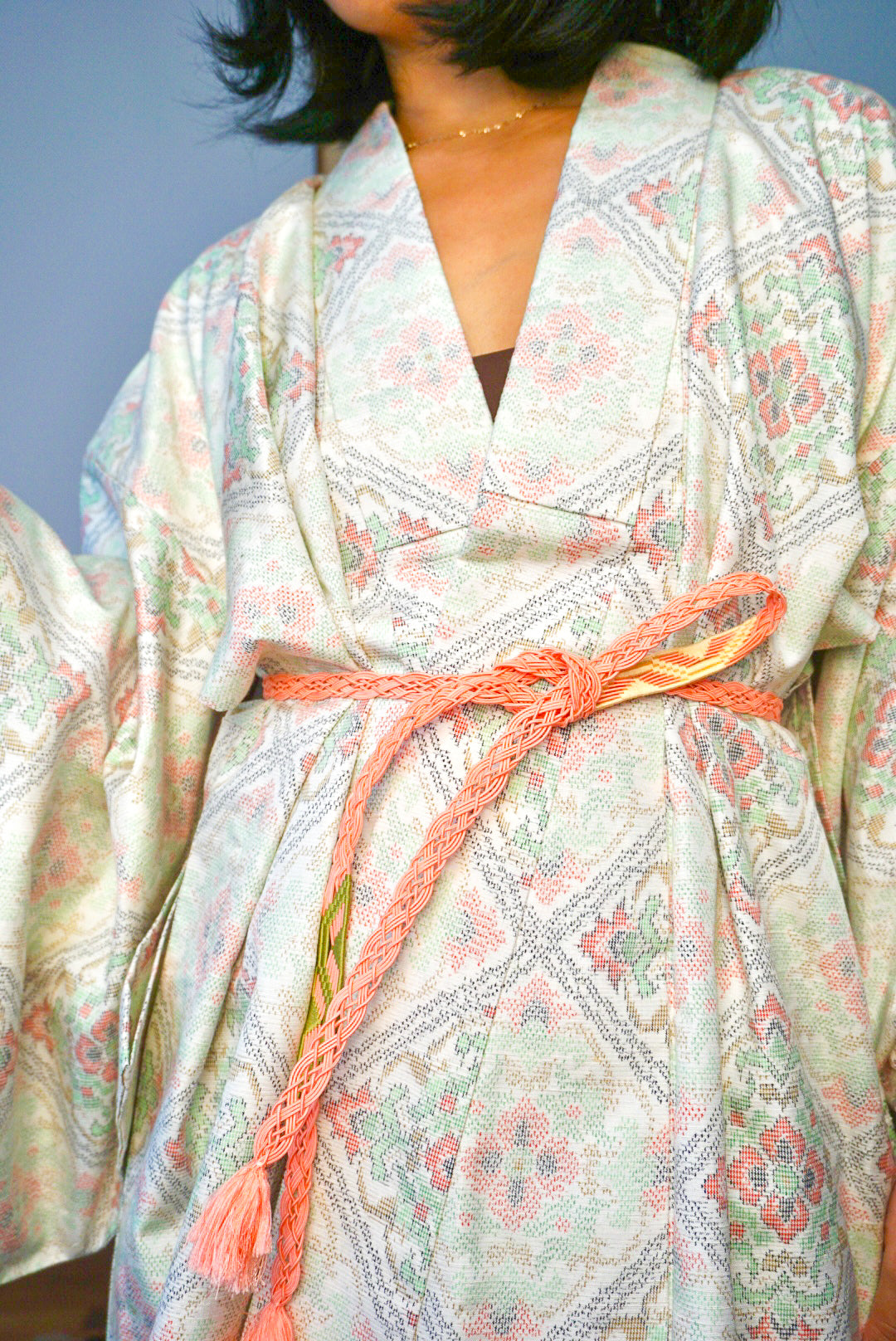 Obijime Flat Braid Pastel Pink with Moss Green Details