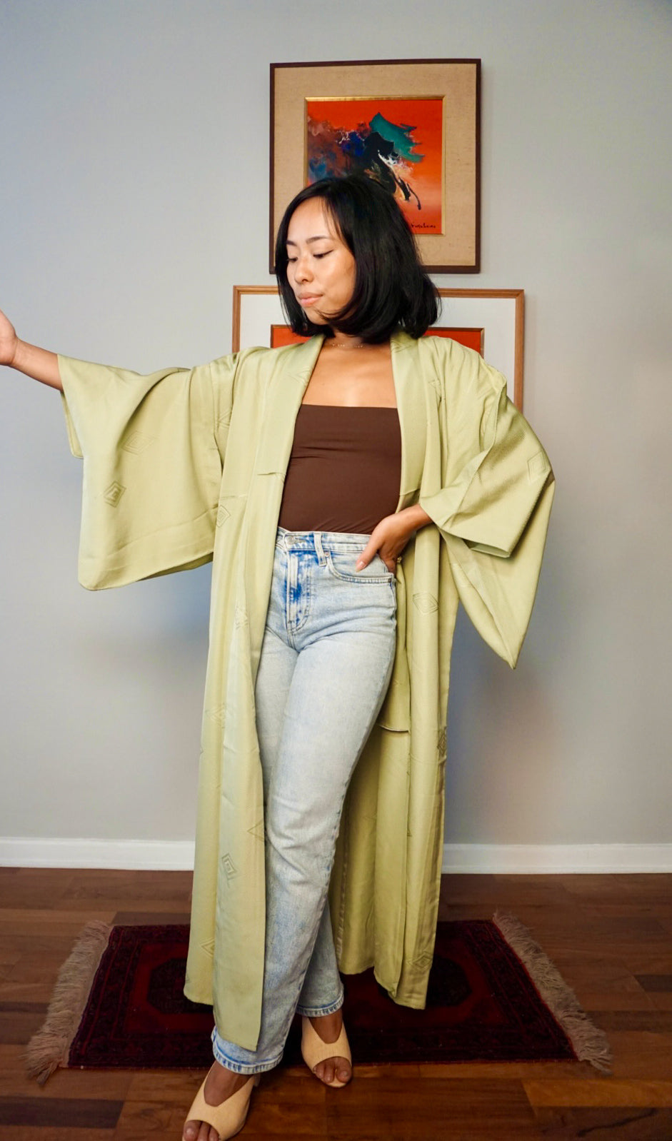Kimono One Layer Light Pistacchio with Diamond Shapes in Silk