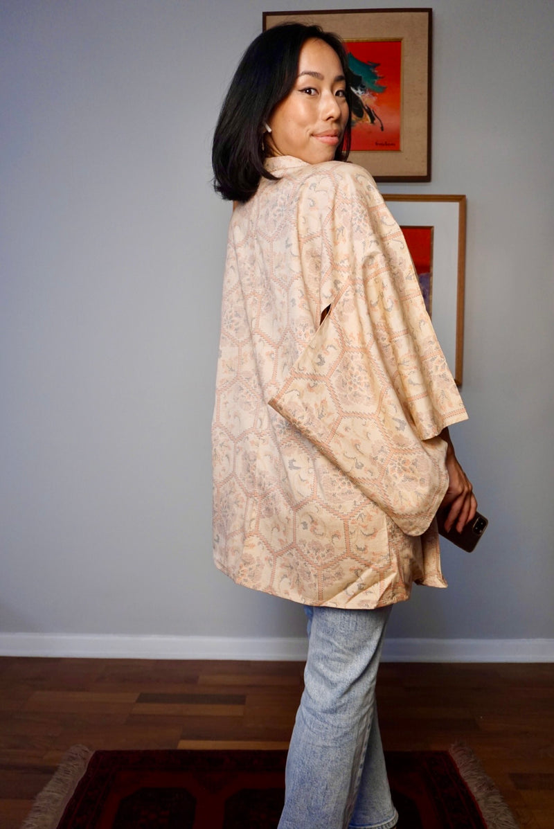 Short Kimono Single Layer in Earthy Peach Tsumugi Silk