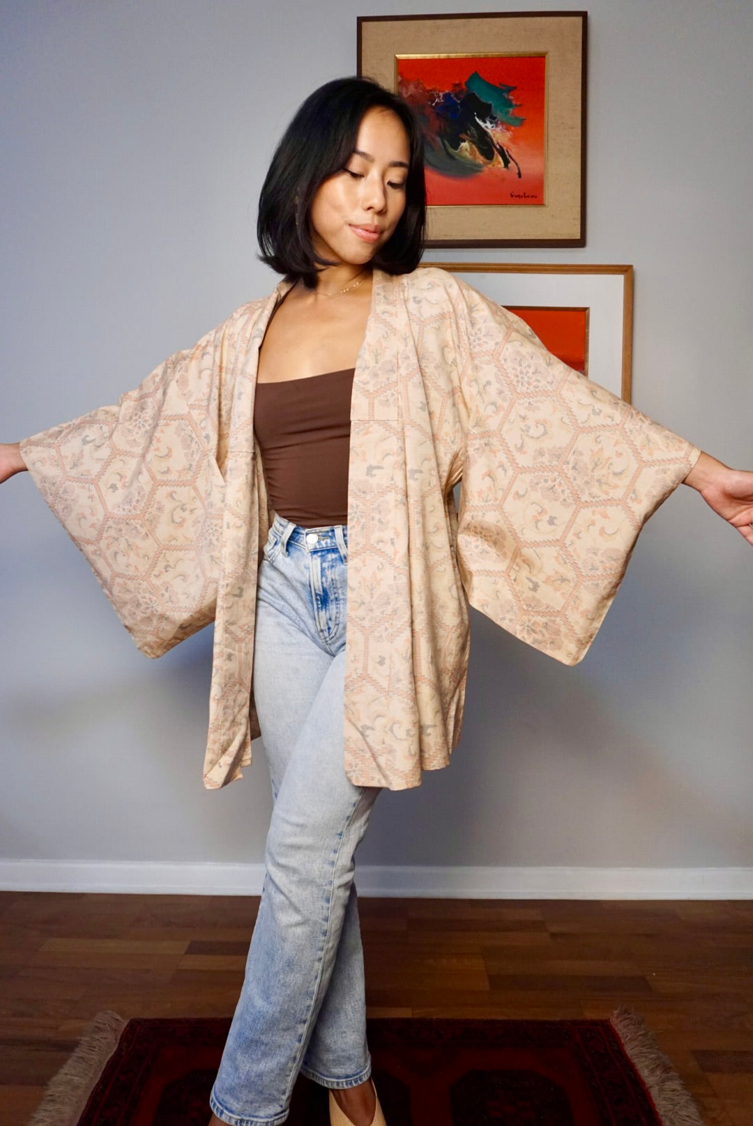 Short Kimono Single Layer in Earthy Peach Tsumugi Silk