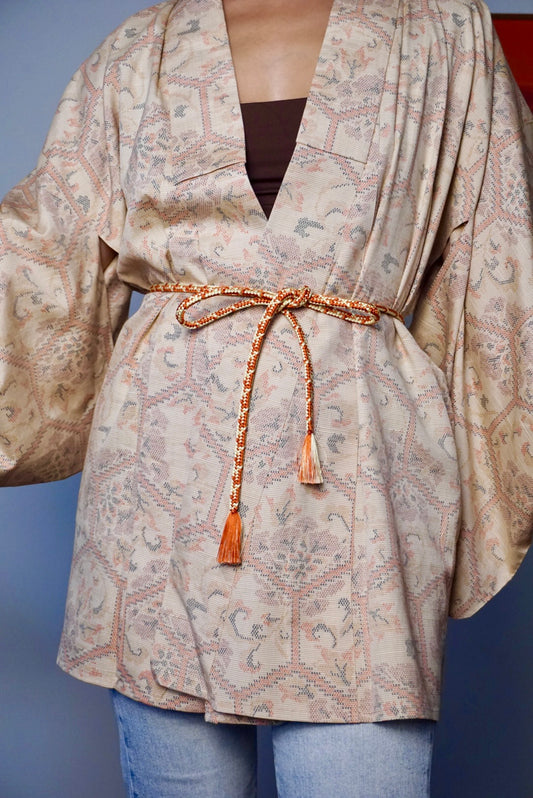 Short Kimono Single Layer in Earthy Peach Tsumugi Silk