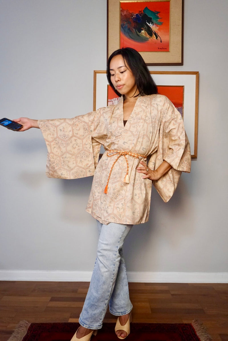 Short Kimono Single Layer in Earthy Peach Tsumugi Silk