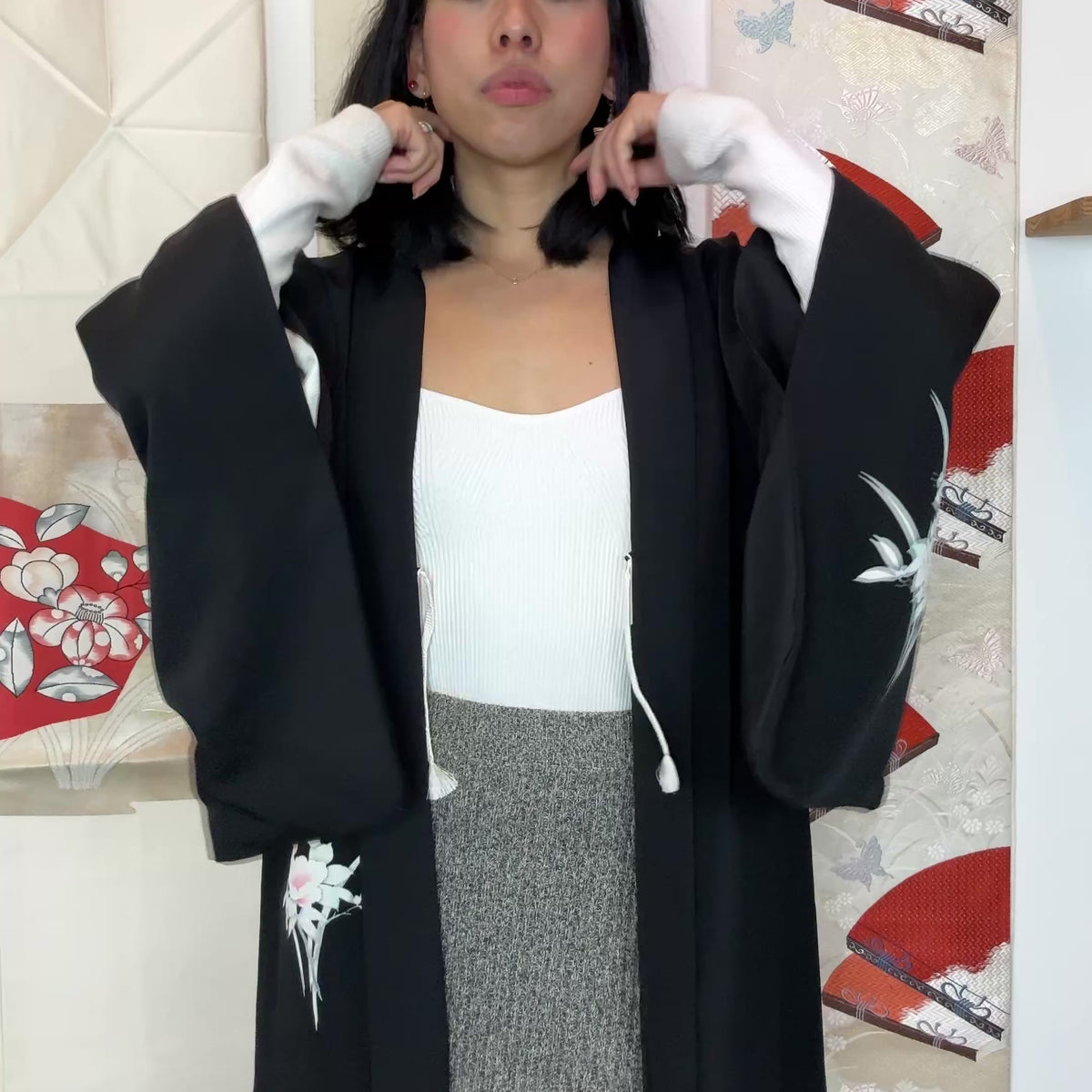 Haori Black Ikebana Flowers in Silk