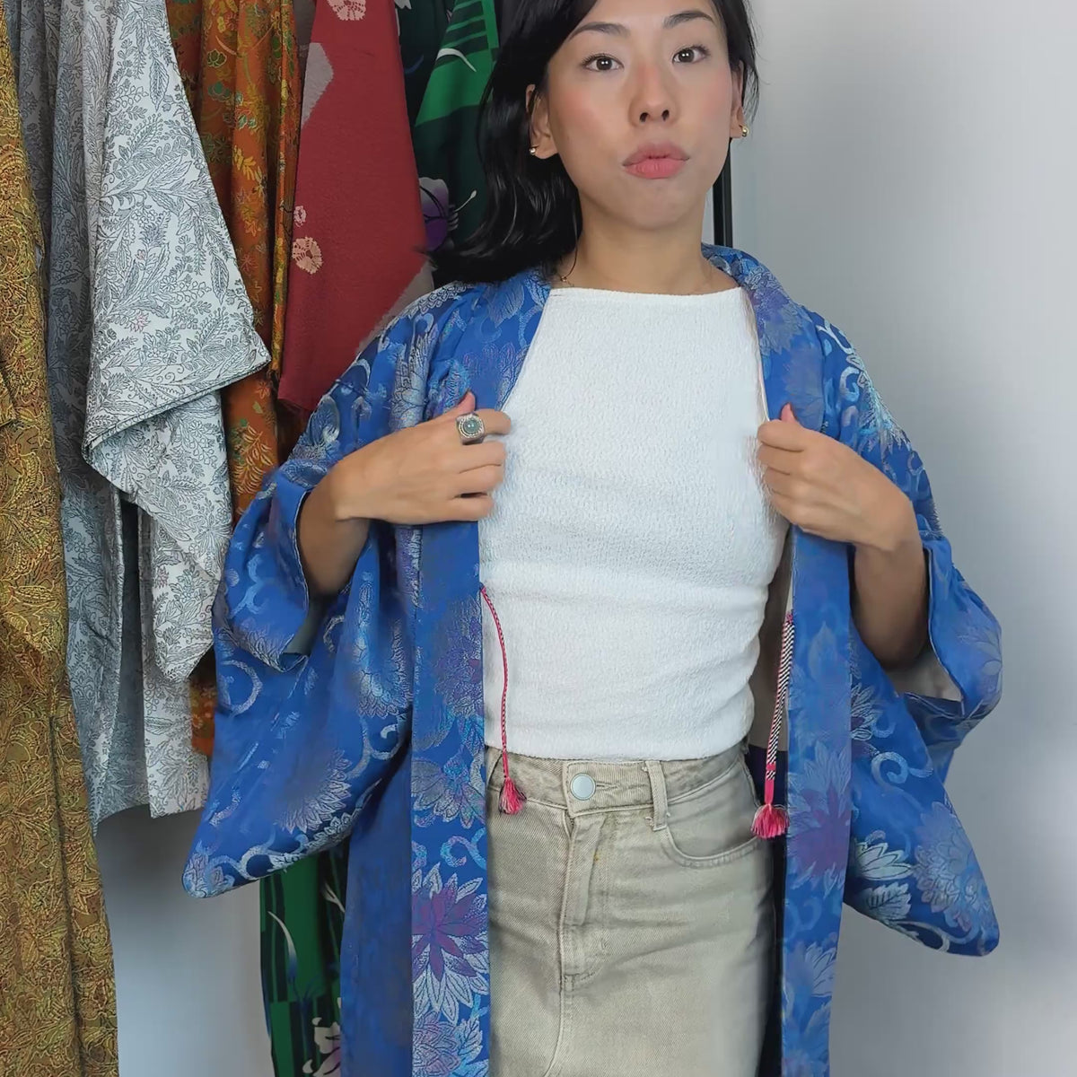 Haori Blue Jacquard with Embroidered Metallic Flowers