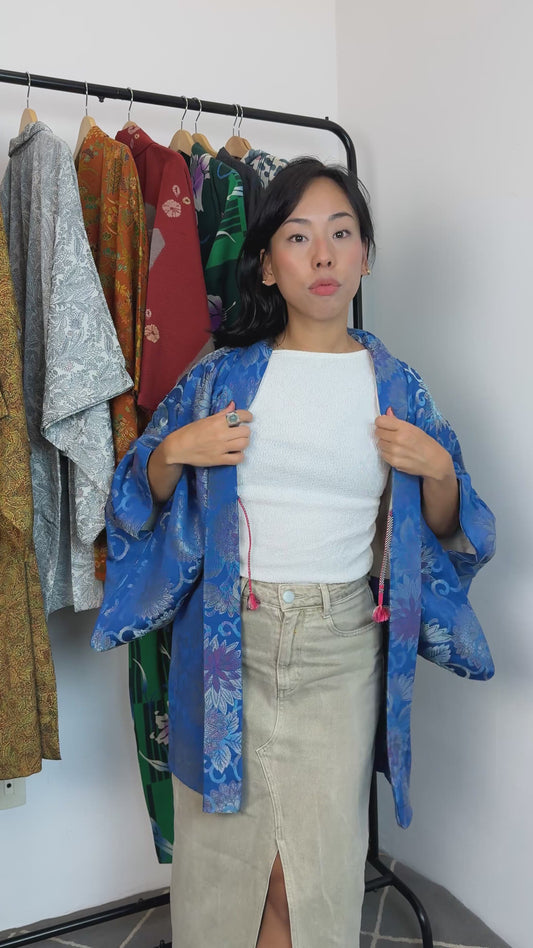 Haori Blue Jacquard with Embroidered Metallic Flowers