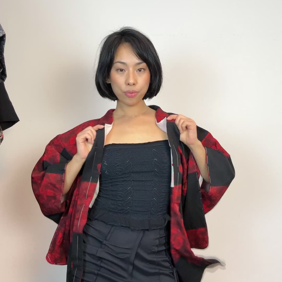 Haori Black with Red Clouds made in Shibori Technique in Silk