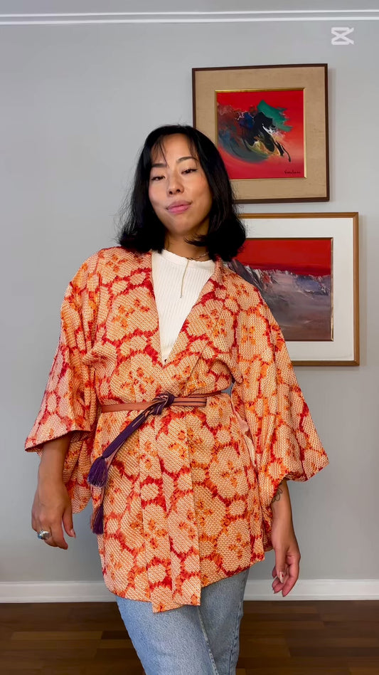 Haori Shibori Salmon Red Flowers