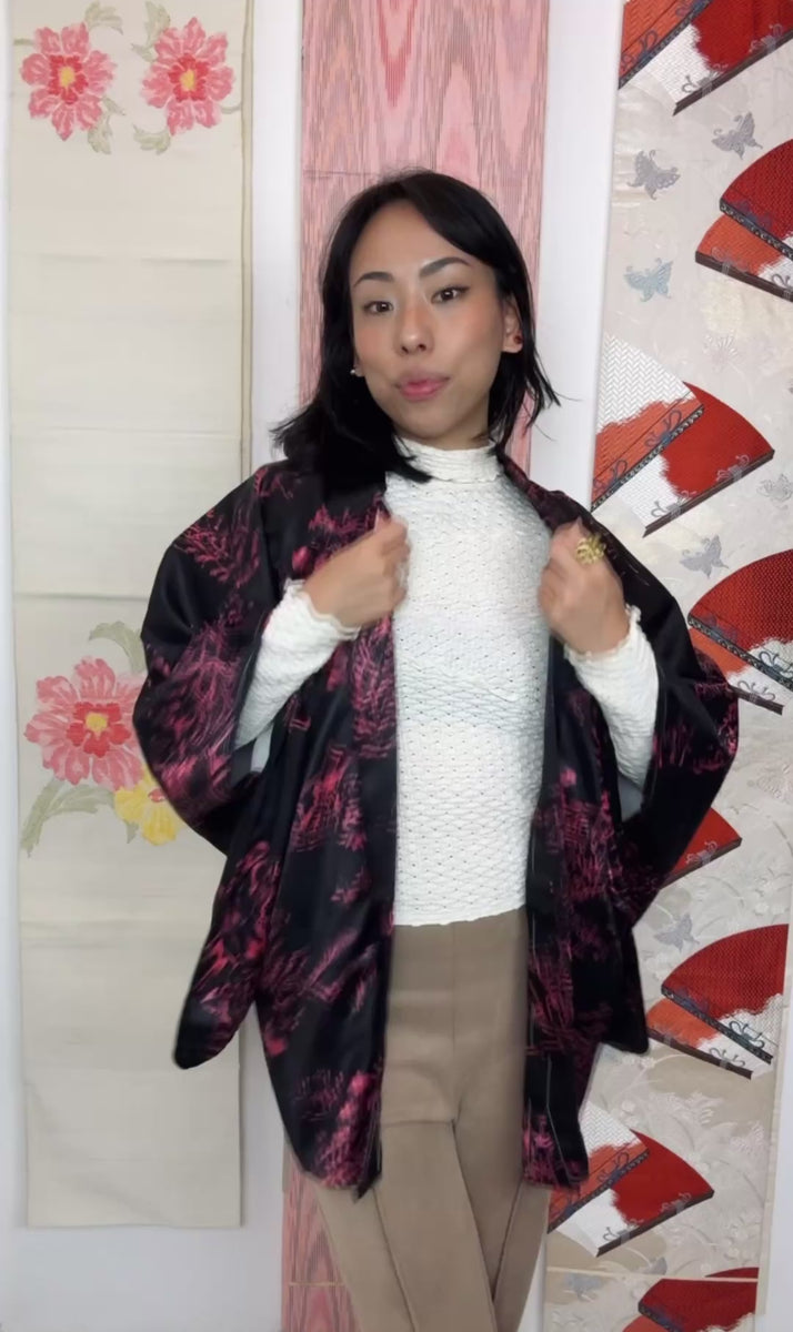 Haori Black with Pink Japanese Houses in Silk