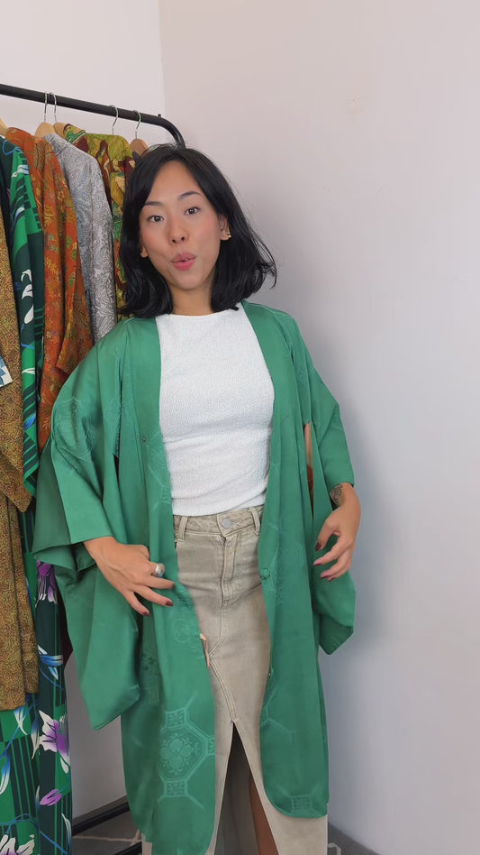 Kimono Michiyuki Antique Green Emerald with Colorful Interior