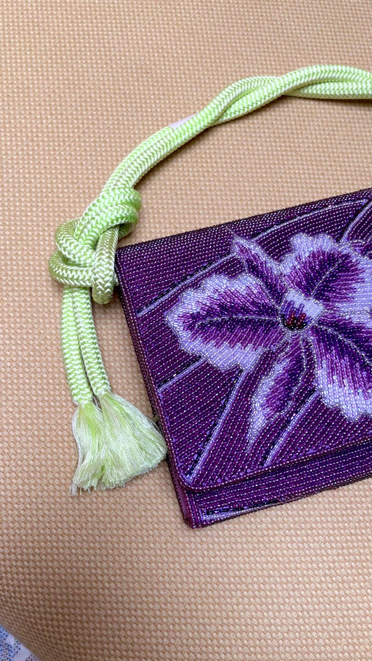 Beaded Clutch Handbag in Purple Orchid with Green Obijime