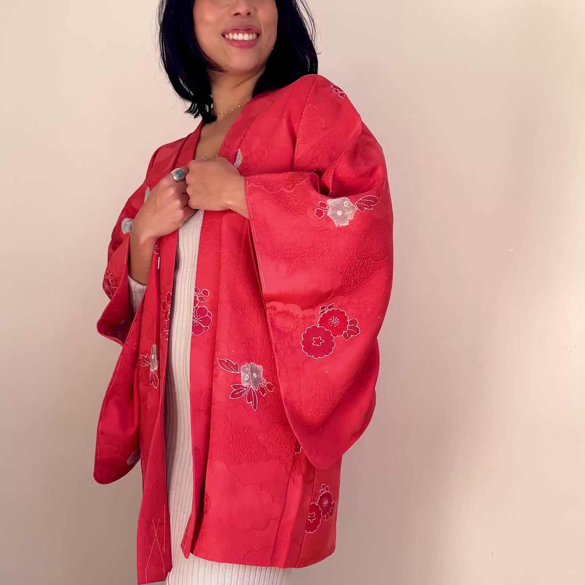 Haori Coral Pink with Hawaian Flowers in Silk