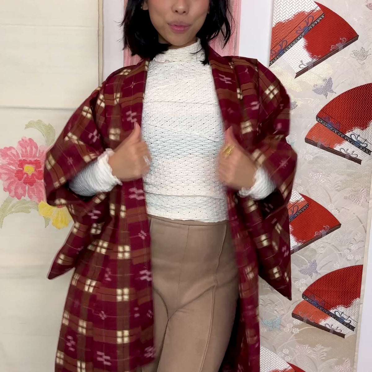 Kimono Plaid Wine Red in Tsumugi Technique Silk