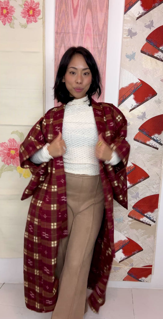 Kimono Plaid Wine Red in Tsumugi Technique Silk
