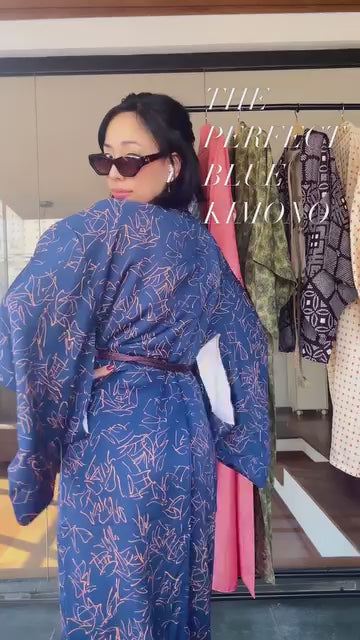 Kimono Navy Dark Blue with Mauve Lines in Silk