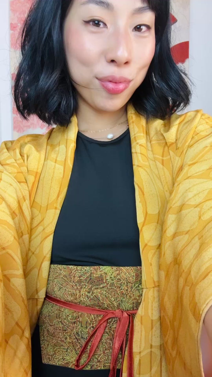 Kimono Mustard Yellow Lines and Forms in Silk with Belt