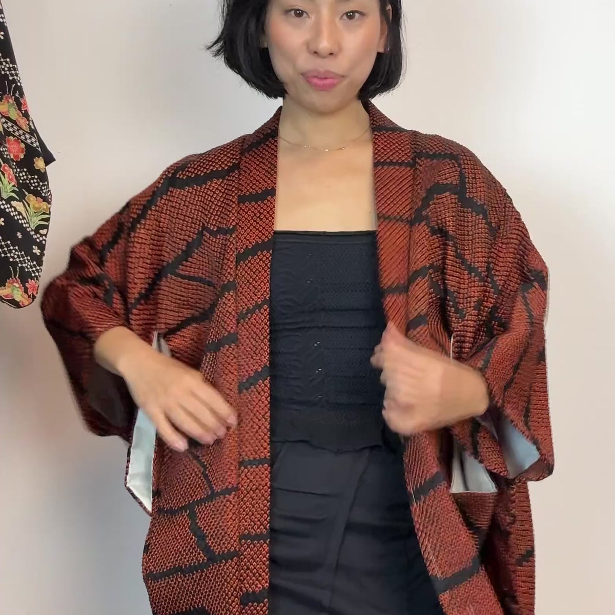 Haori Black and Orange Shibori Technique in Silk