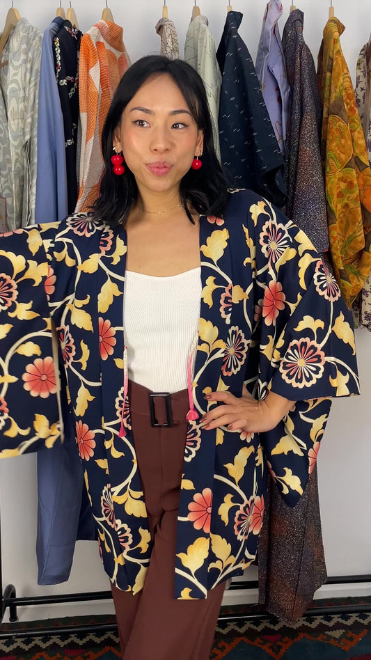 Haori Jacket Dark Blue with Flowers Motif in Crepe Silk