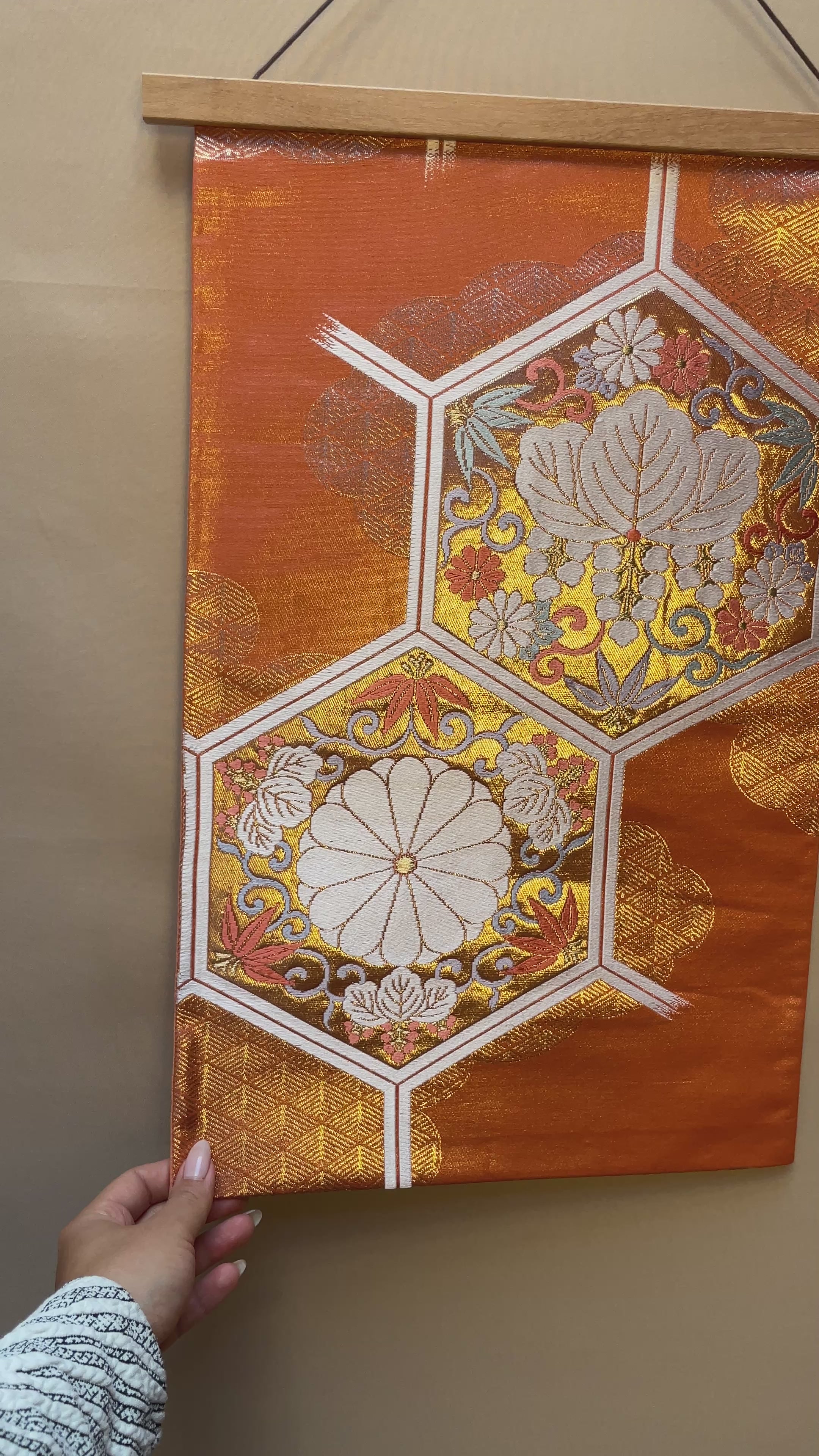 Obi Decoration Wall Art in Salmon Orange Embroidered Silk – aira