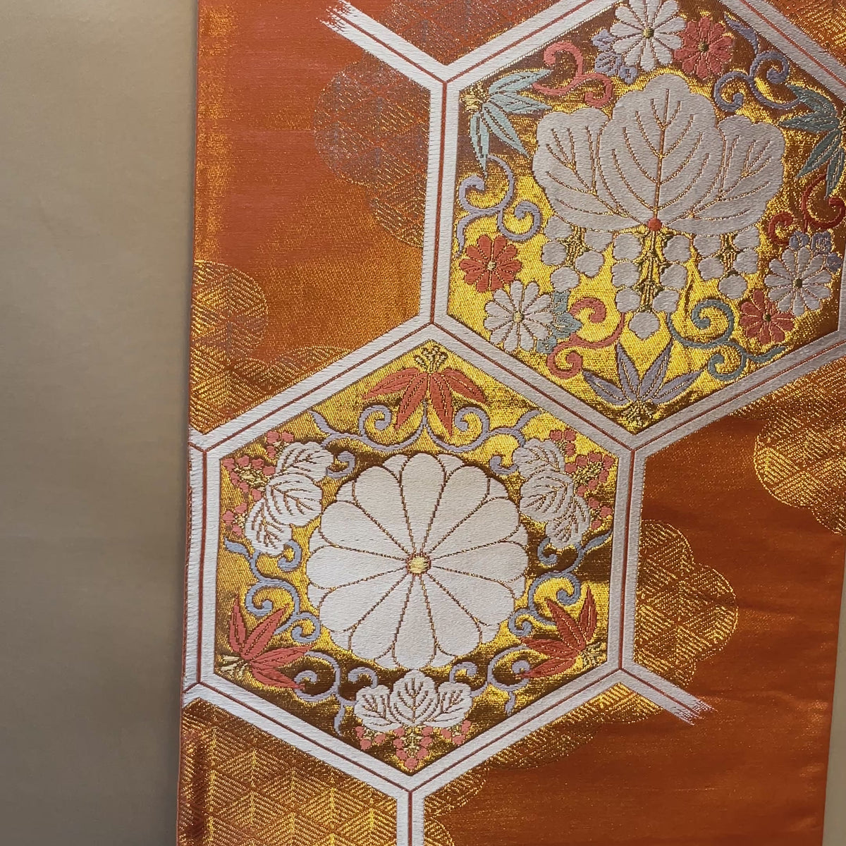 Obi Decoration Wall Art in Salmon Orange Embroidered Silk