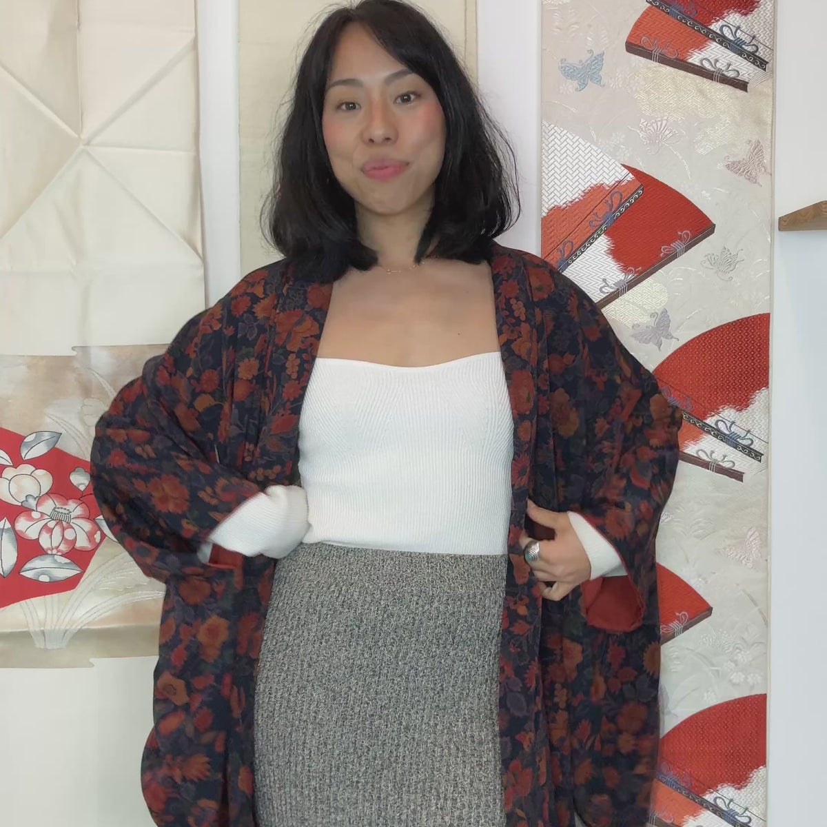 Kimono Dark Blue with Orange Flowers in Silk