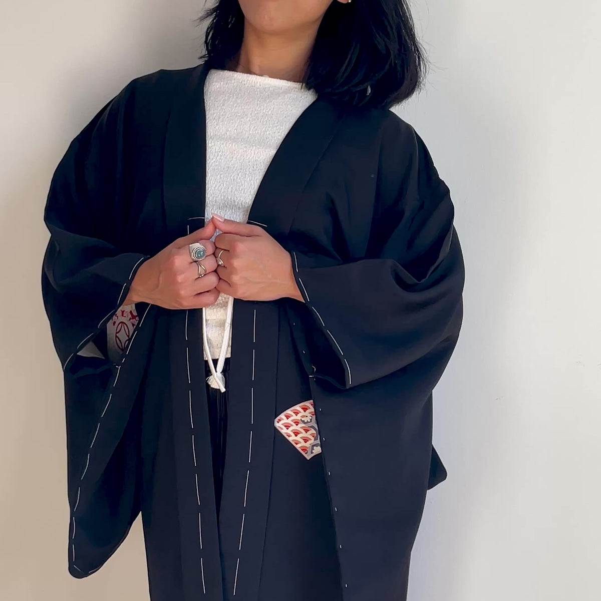 Haori Black with Japanese Fans in Silk