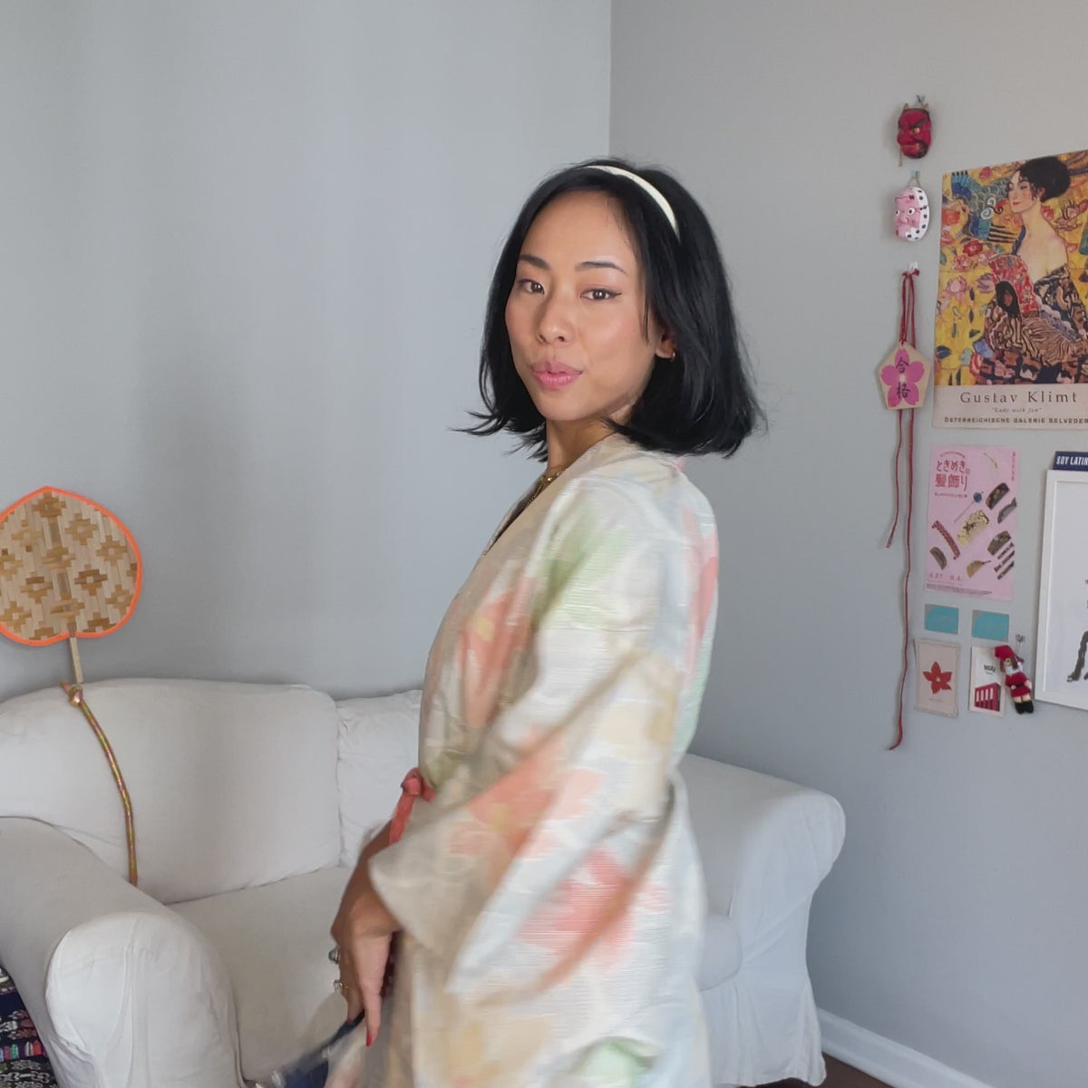 Short Kimono Single Layer in Tsumugi Silk Flowers