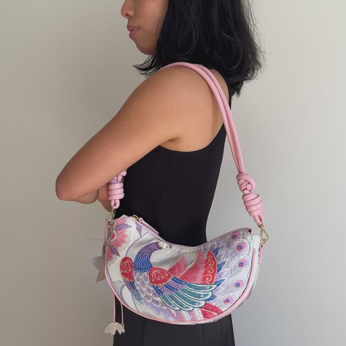 Aiko Bag: Metallic Pink and Blue Peacock and Flowers from Embroidered Obi Sash with Pink Leather Strap