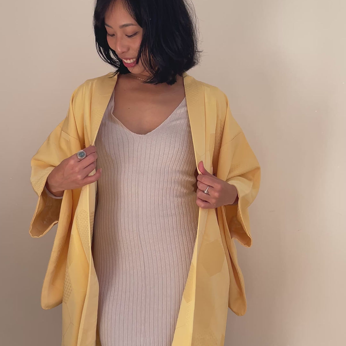 Haori Pale Yellow with Bee Hive with Texture in Silk