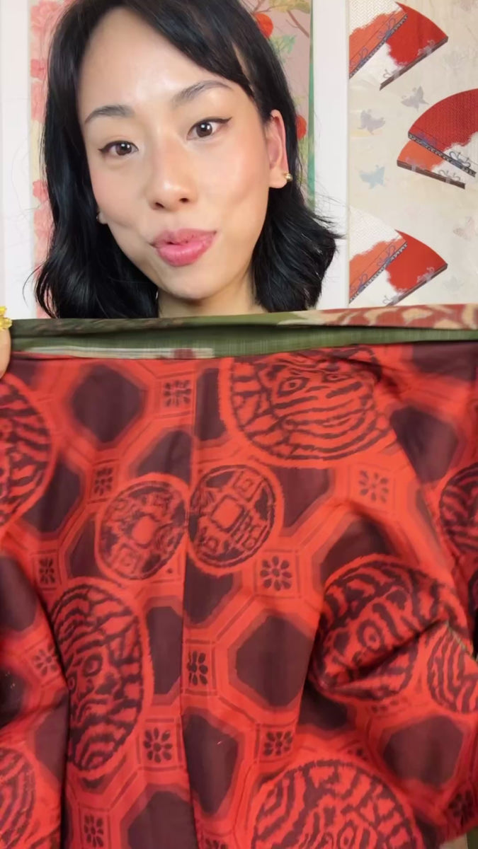 Haori Meisen Moss Green with Daruma Red Interior in Silk