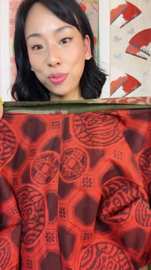 Haori Meisen Moss Green with Daruma Red Interior in Silk