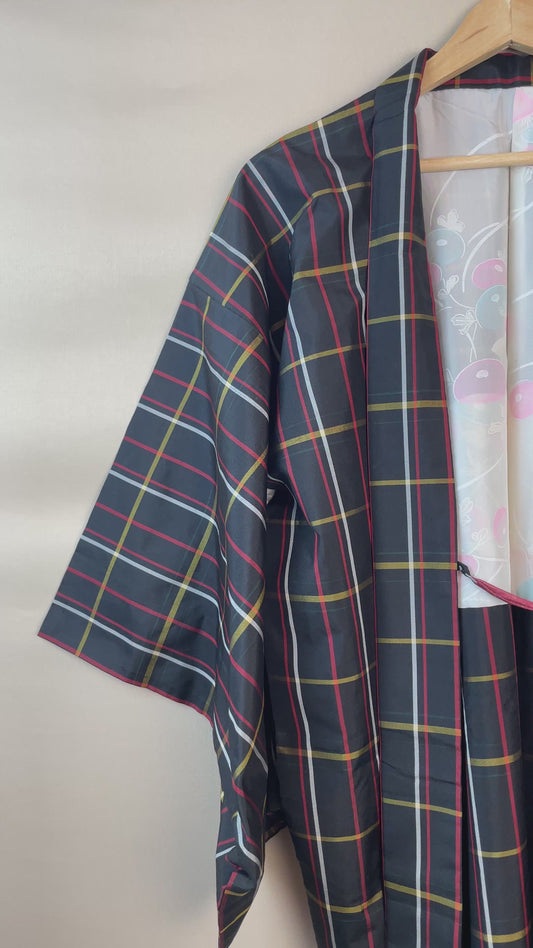 Haori in Dark Blue Checkered Multicolor Lines with Knot Closure