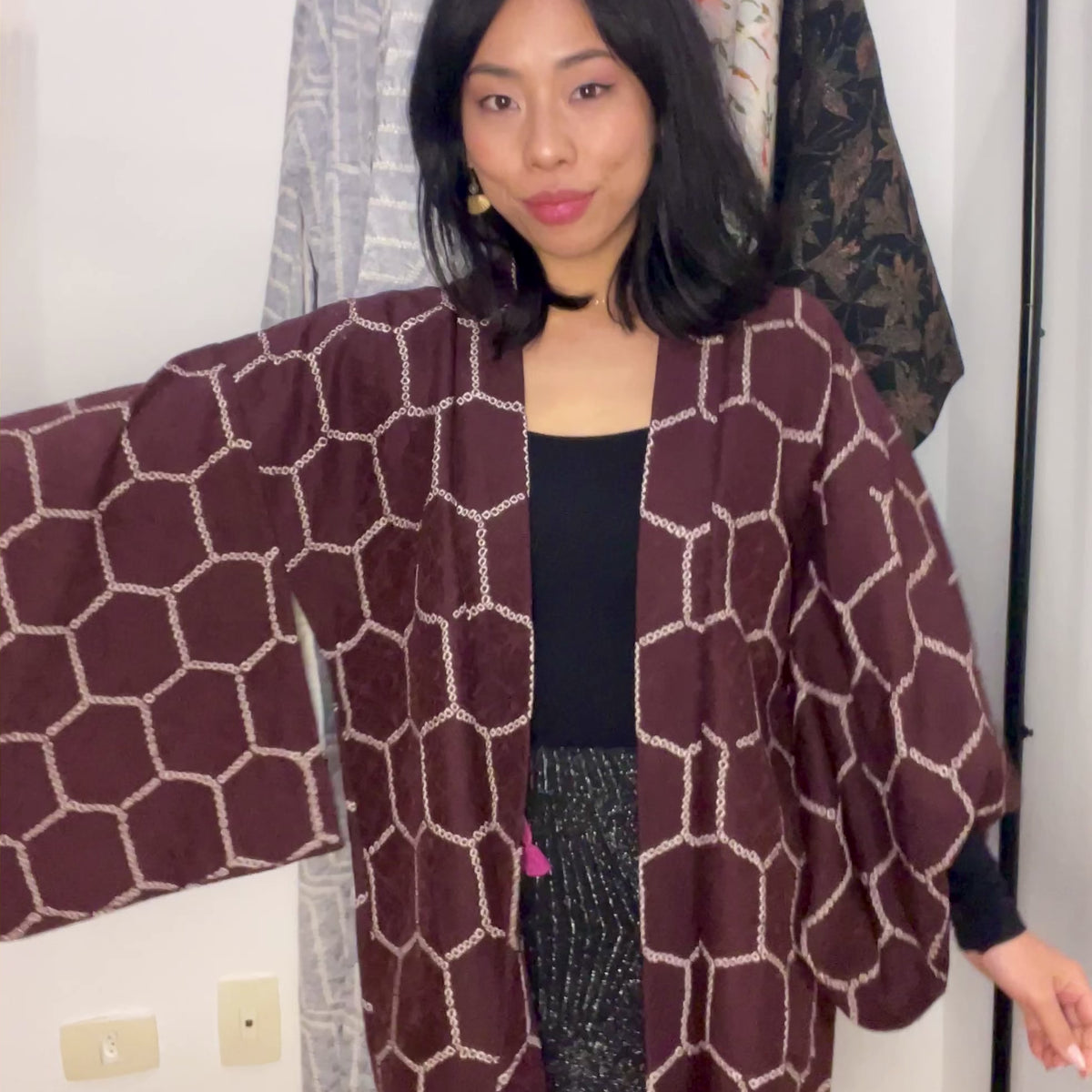 Haori Jacket Deep Brown Silk with Shibori Technique Patterns